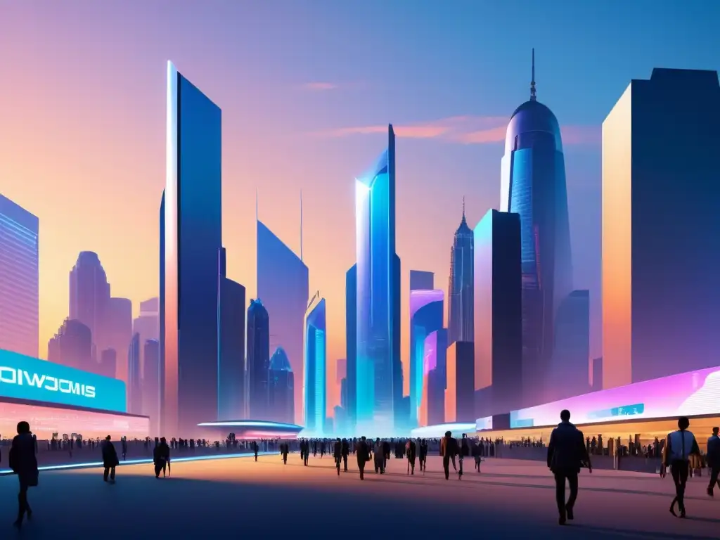 Futurista ciudad nocturna con tecnología y privacidad Ciudad futurista al atardecer