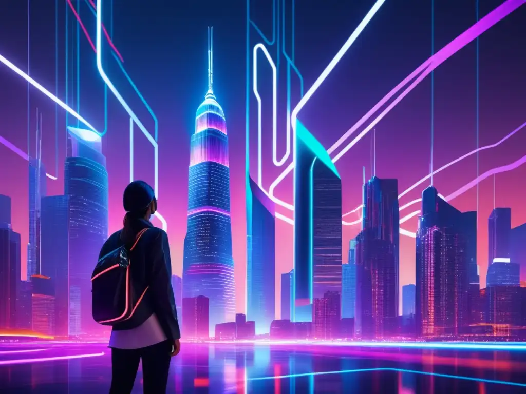 Futuro ciudad iluminada por neones y datos Desafíos de protección de datos y la era de inteligencia de negocios