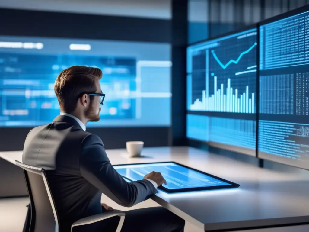 Profesionalidad en la era digital Persona en oficina moderna con datos y código