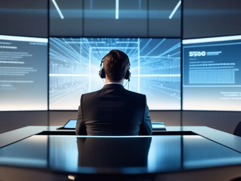 Persona en oficina minimalista rodeada de pantallas de datos Persona en oficina minimalista rodeada de pantallas con datos, resaltando la importancia de la privacidad en el mundo digital