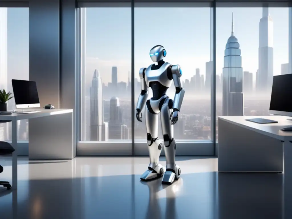 Oficina minimalista con IA y riesgos de privacidad Riesgos de la IA en la privacidad: Oficina minimalista con ventanales y robot AI junto a una laptop con código