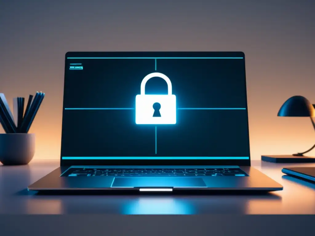 Oficina moderna con seguridad de datos Oficina minimalista con escritorio moderno y seguro, laptop, datos encriptados y ciudad al fondo