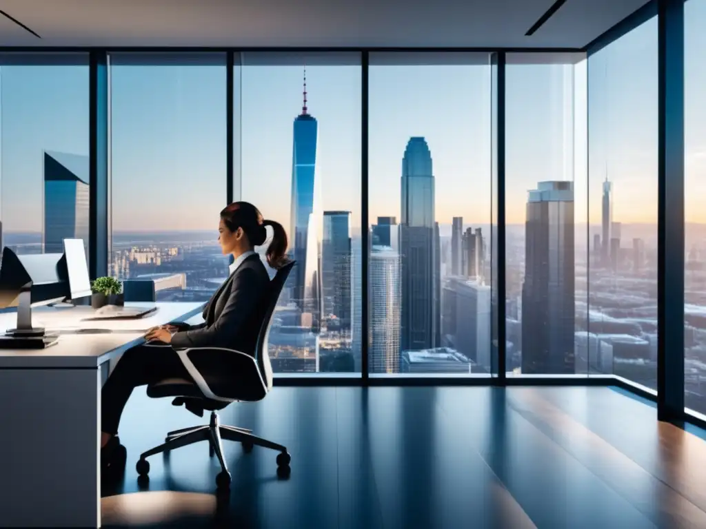Oficina minimalista y protección de datos Importancia del derecho en protección de datos digitales en una oficina minimalista con vista panorámica de la ciudad