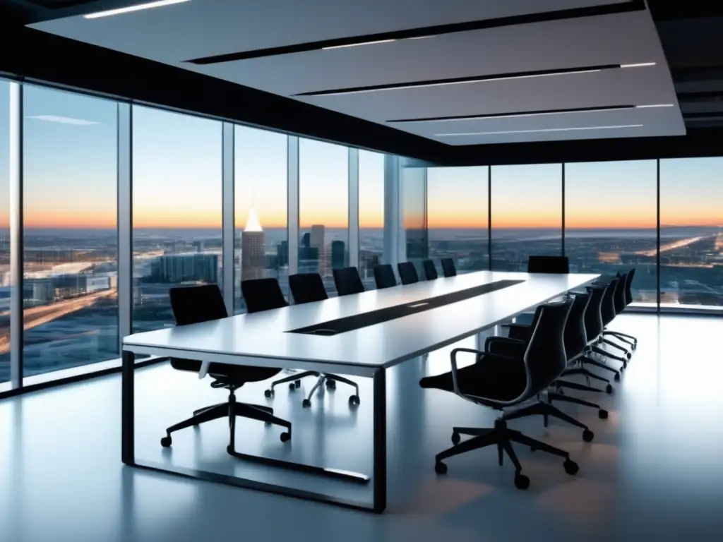 Sala de conferencias minimalista con vistas a la ciudad Oficina minimalista con vista panorámica, mobiliario moderno y pantallas de alta resolución