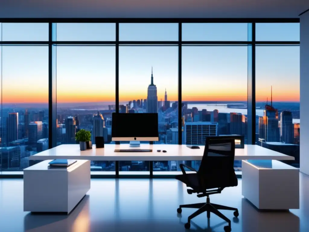 Oficina moderna con vista a la ciudad y RGPD Impacto RGPD en Asia y Oceanía: Oficina minimalista 8K con vista a la ciudad y muebles modernos