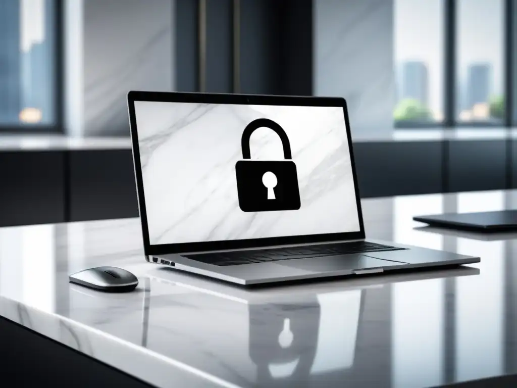 Escritorio de oficina moderno con laptop y símbolo de candado Oficina moderna con elegante escritorio de mármol blanco y laptop minimalista, simbolizando protección de datos