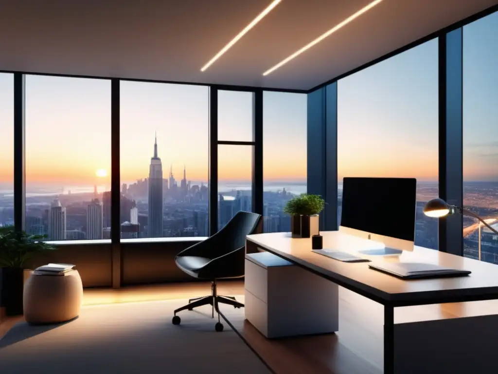 Espacio de trabajo minimalista en oficina Oficina moderna con vista panorámica, reflejando profesionalidad y adaptación a leyes de protección de datos para PYMES