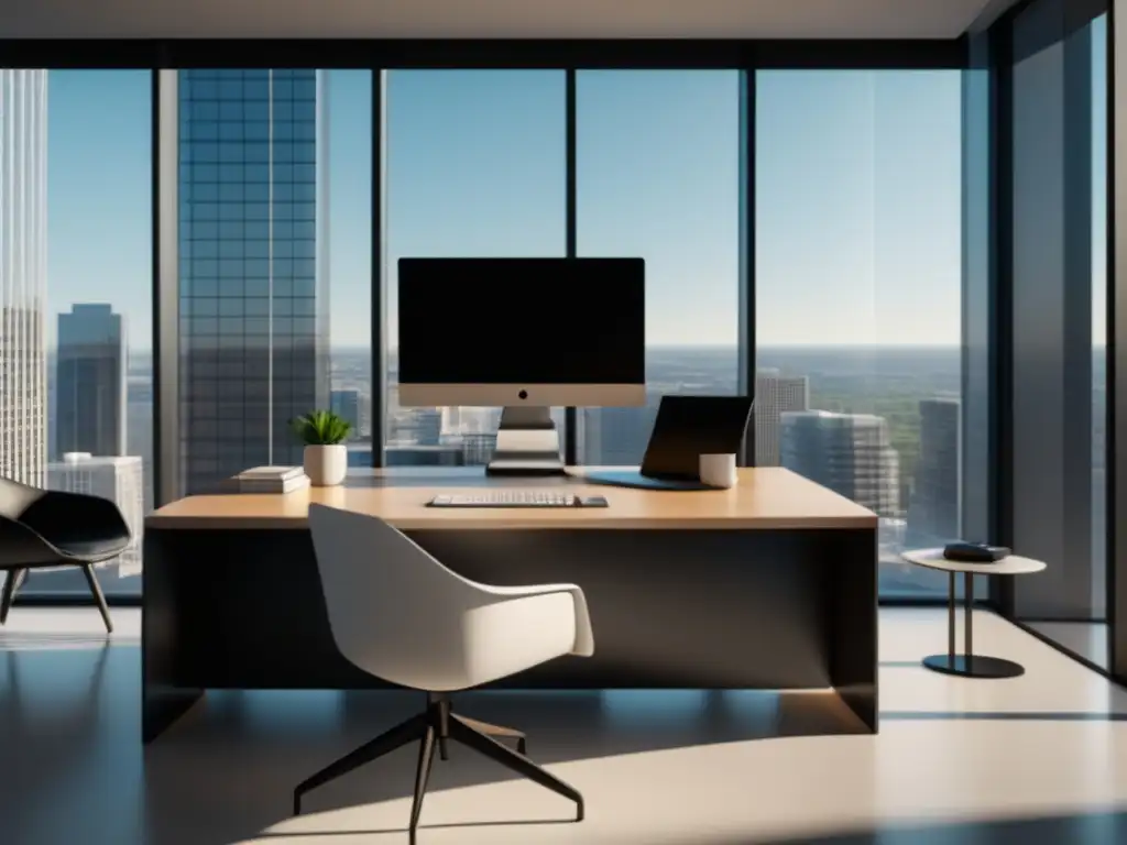 Oficina moderna con RGPD destacado Oficina moderna con vista, muebles minimalistas y pantalla de RGPD: Importancia del Delegado de Protección de Datos en RGPD