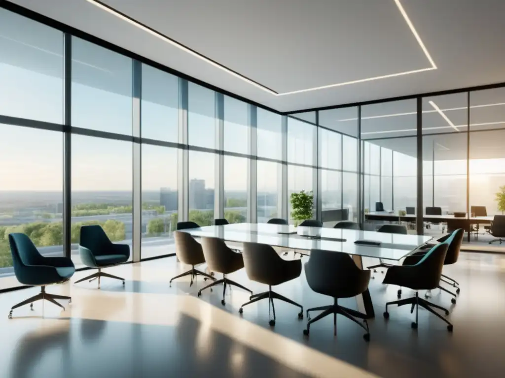 Espacio de oficina moderno con luz natural y transparencia Espacio de oficina moderno y transparente con mesa de conferencia de vidrio rodeada de profesionales - Rol empresas protección datos clientes