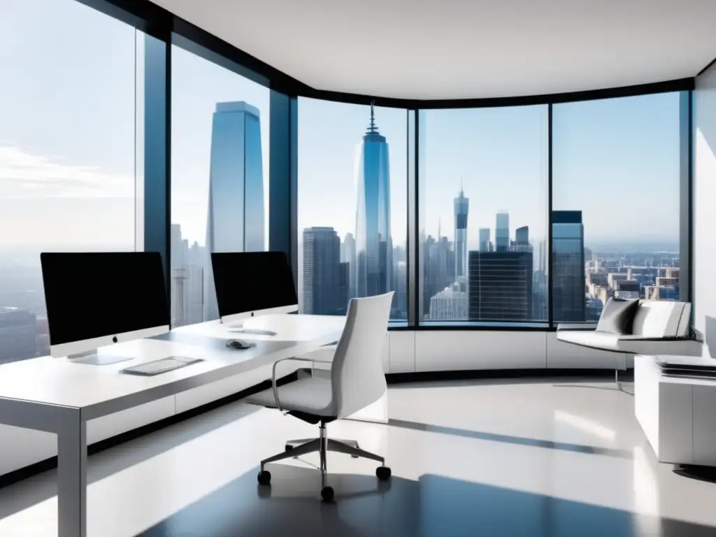 Oficina moderna y eficiente en la ciudad Oficina moderna con vista a la ciudad, enfocada en deberes de información y transparencia en la empresa