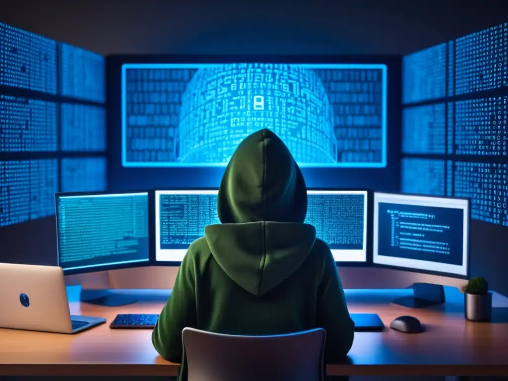 Anonimato y seguridad digital Persona en escritorio con código encriptado y dispositivos digitales - Privacidad en Bolivia