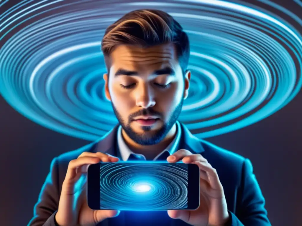 Sujeto con smartphone, rodeado de información digital Privacidad digital en Latinoamérica: Protegiendo datos personales