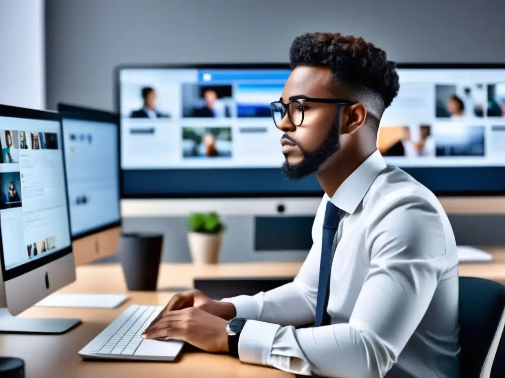 Persona enfocada en redes sociales Persona en escritorio, enfocada en redes sociales
