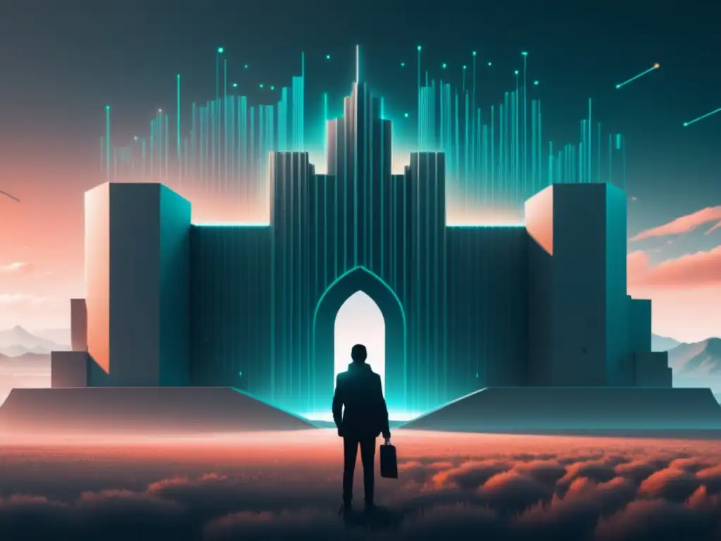 Protección de datos en la era digital Importancia del derecho en protección de datos digitales: persona frente a fortaleza digital, clave en mano, paisaje de código binario