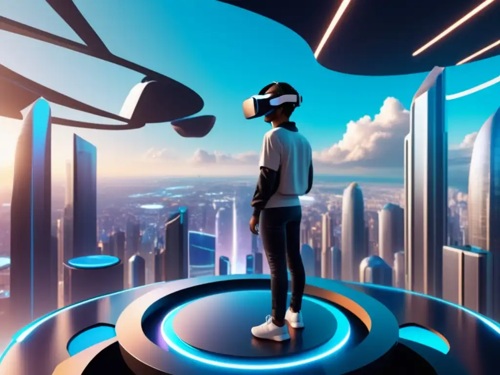 Inmersión en metaverso futurista Persona con auriculares de realidad virtual en Metaversidad, desafíos de privacidad