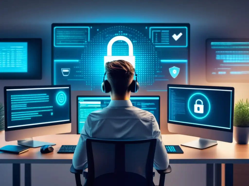 Protección de privacidad online Persona enfocada en una oficina moderna rodeada de herramientas de seguridad digital