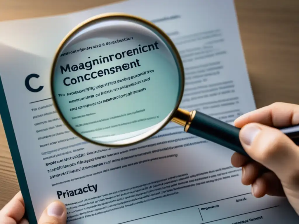 Consentimiento informado y privacidad Persona sosteniendo lupa sobre documento con texto legal sobre privacidad y consentimiento