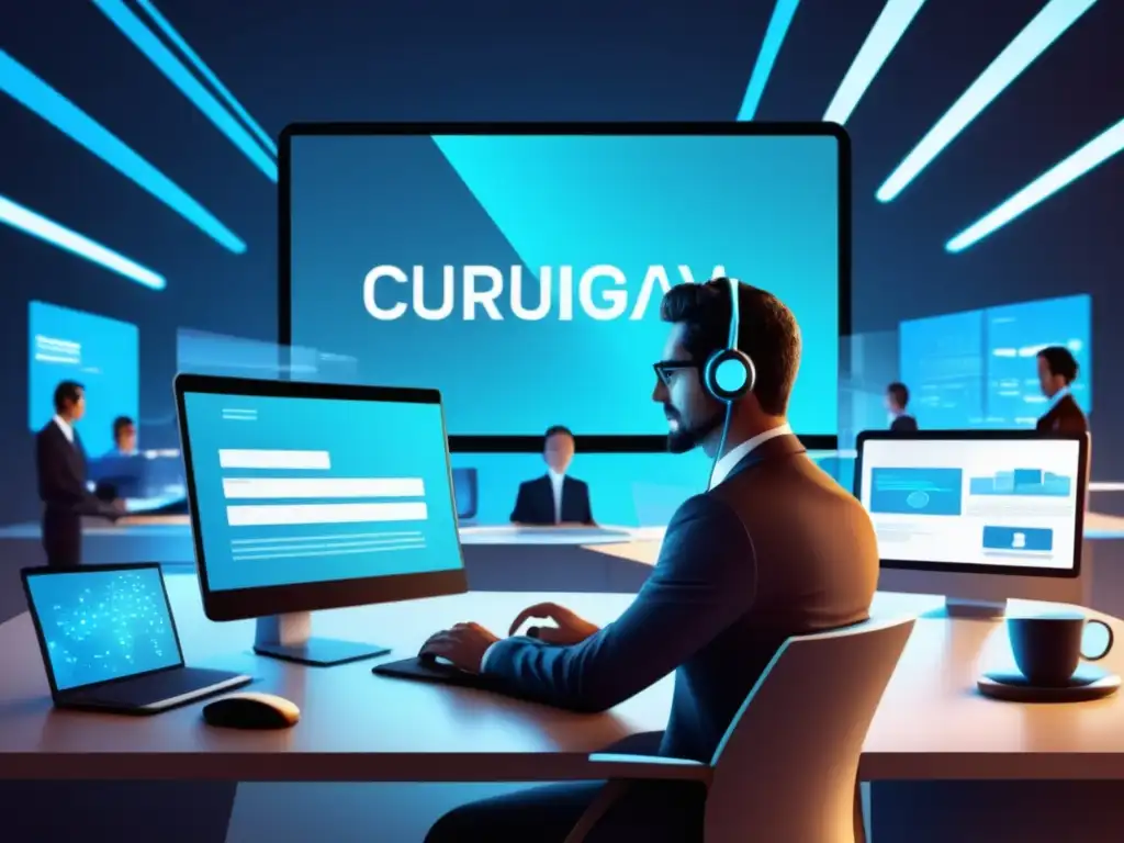 Privacidad digital en Uruguay Privacidad digital en Uruguay: Persona en oficina moderna hablando con avatar digital sobre protección de datos