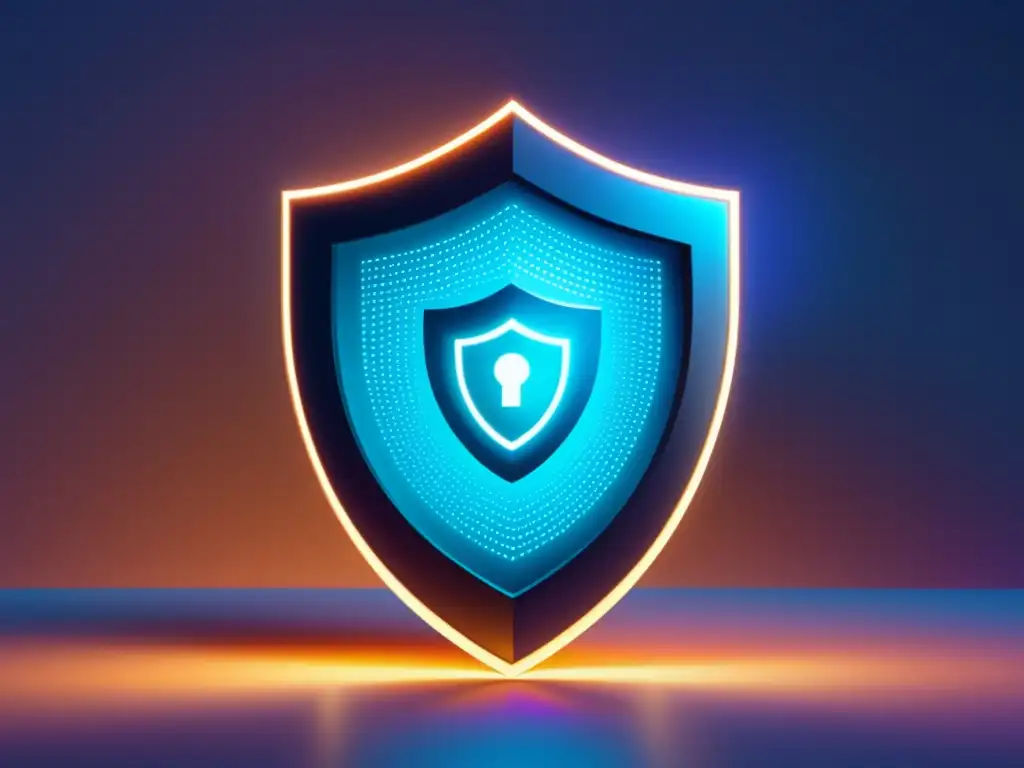 Protección de privacidad digital Importancia educación digital privacidad: imagen futurista protección y vulnerabilidad datos, con escudo geométrico, luz y fragmentos flotantes