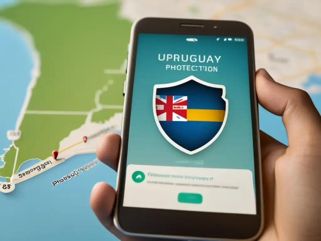 Privacidad digital en Uruguay Privacidad digital en Uruguay: imagen minimalista y fotorrealista de un smartphone con pantalla limpia y símbolo de bloqueo, mostrando mapa de Uruguay