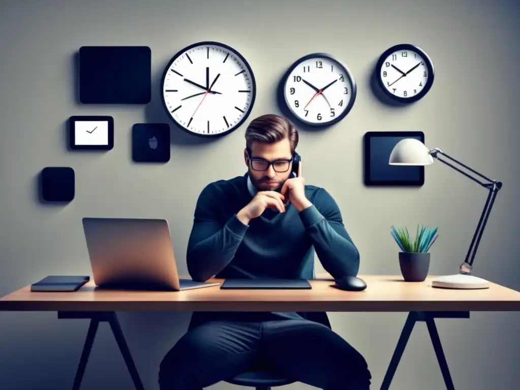 Privacidad en el mundo digital: protección y reflexión Persona reflexiva en un escritorio rodeada de dispositivos digitales