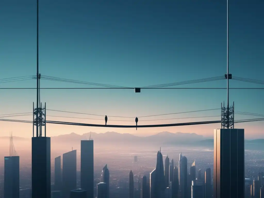Riesgos de privacidad en la era digital Brecha tecnológica y privacidad digital en imagen de persona en cuerda floja entre torres digitales