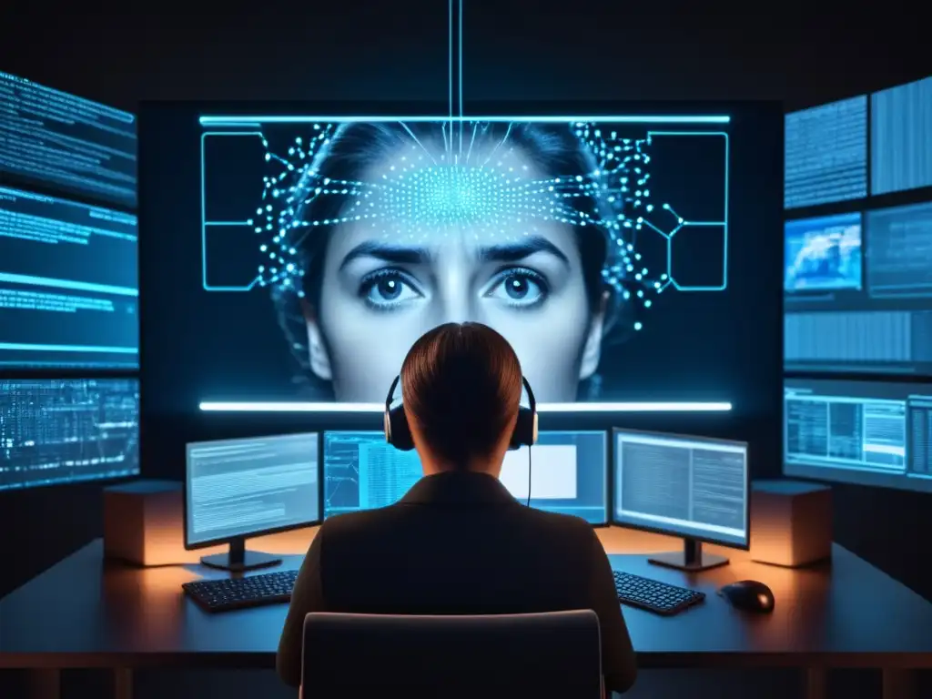 Peligros de la sociedad de vigilancia Riesgos privacidad Sociedad Vigilancia: persona preocupada frente a pantalla, nodos con info personal, estilo minimalista