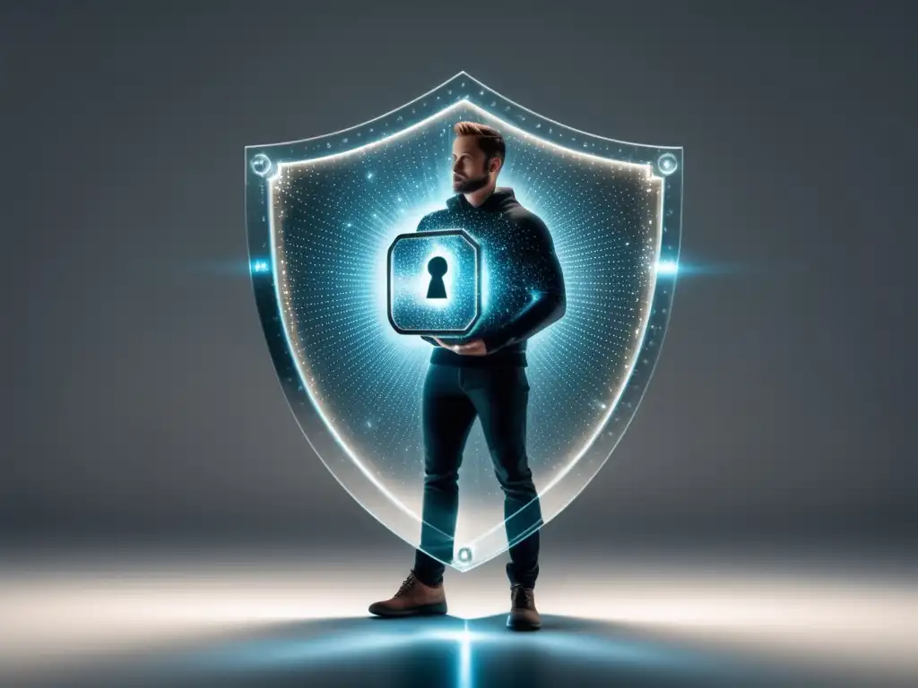Protección de datos y privacidad Imagen: Persona sosteniendo escudo transparente con símbolo de candado grabado, rodeada de partículas de datos