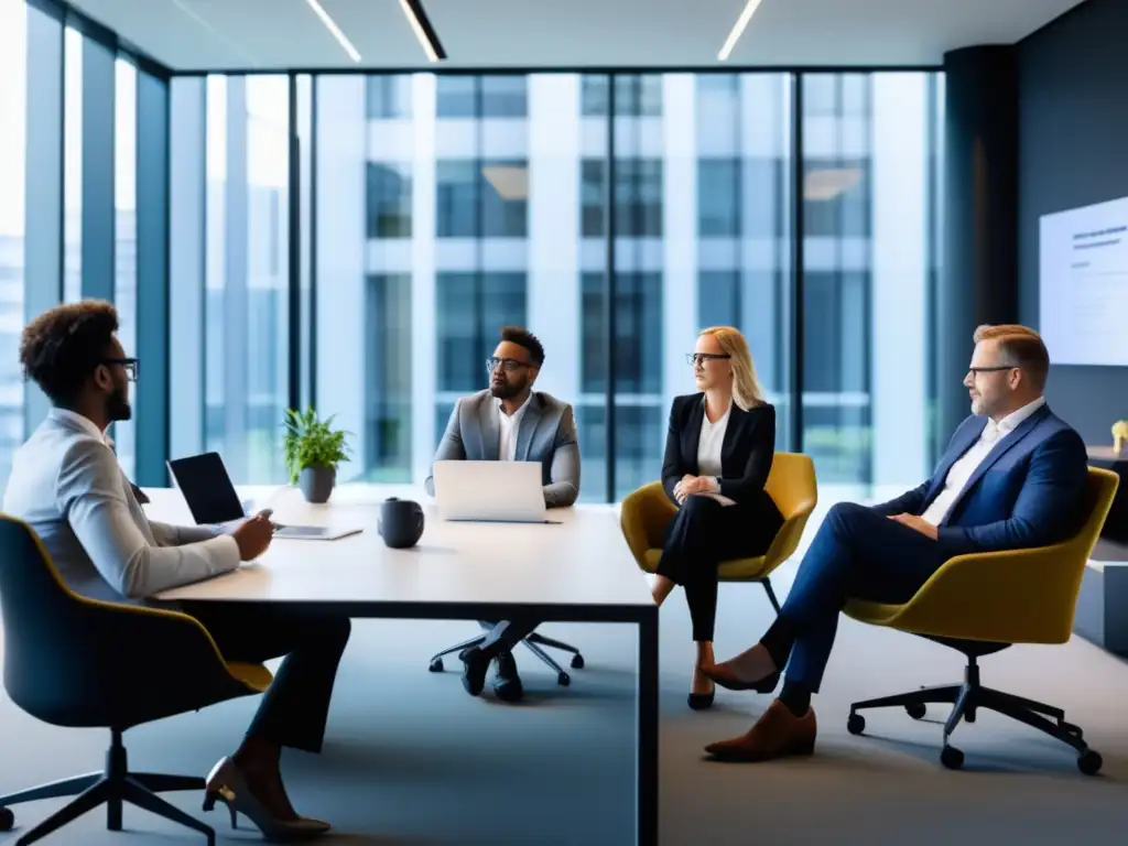 Profesionales discutiendo protección de datos para PYMES Profesionales discuten adaptación leyes protección datos PYMES en moderna oficina minimalista