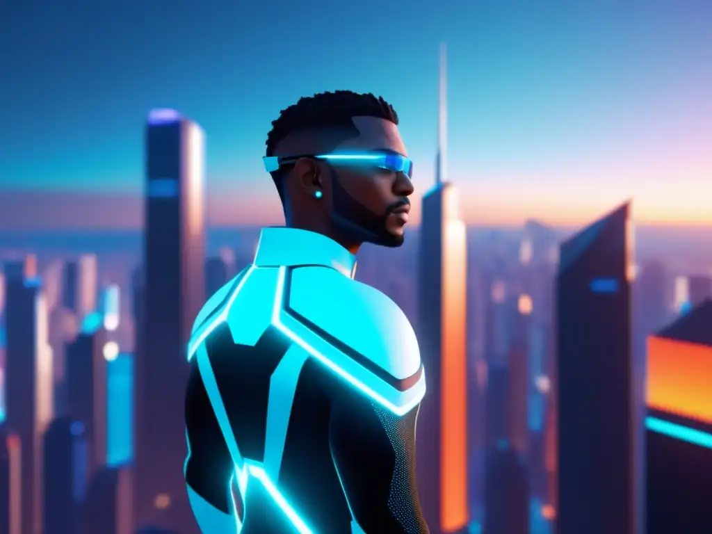 Escena futurista en el metaverso Protección datos metaverso hispano: avatar profesional en ciudad digital futurista con elementos culturales
