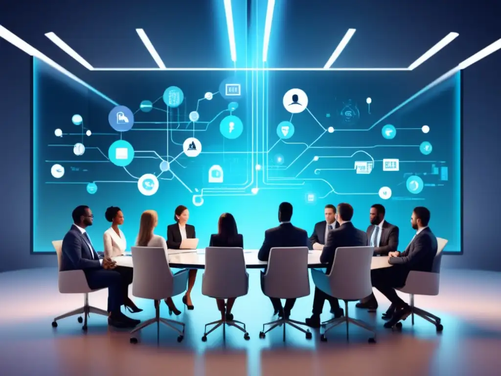 Protección de datos en decisiones automatizadas Protección de datos automatizados: Grupo diverso discutiendo en entorno profesional rodeado de perfiles digitales y símbolos de toma de decisiones