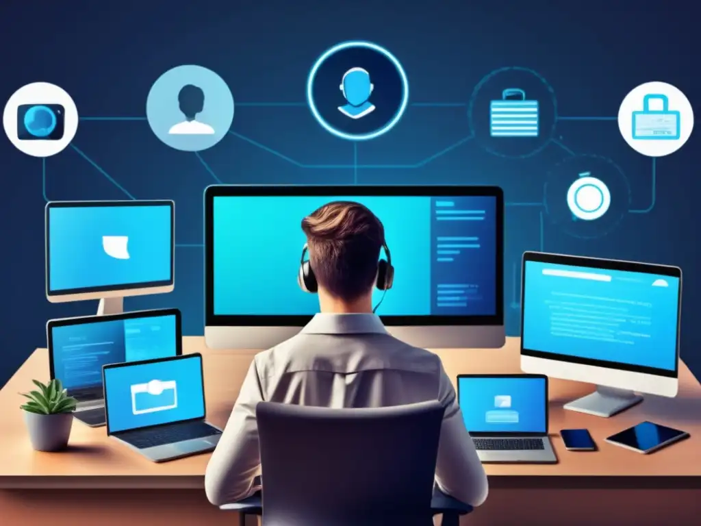 Configuración de privacidad en dispositivos Persona enfocada en una oficina rodeada de dispositivos digitales