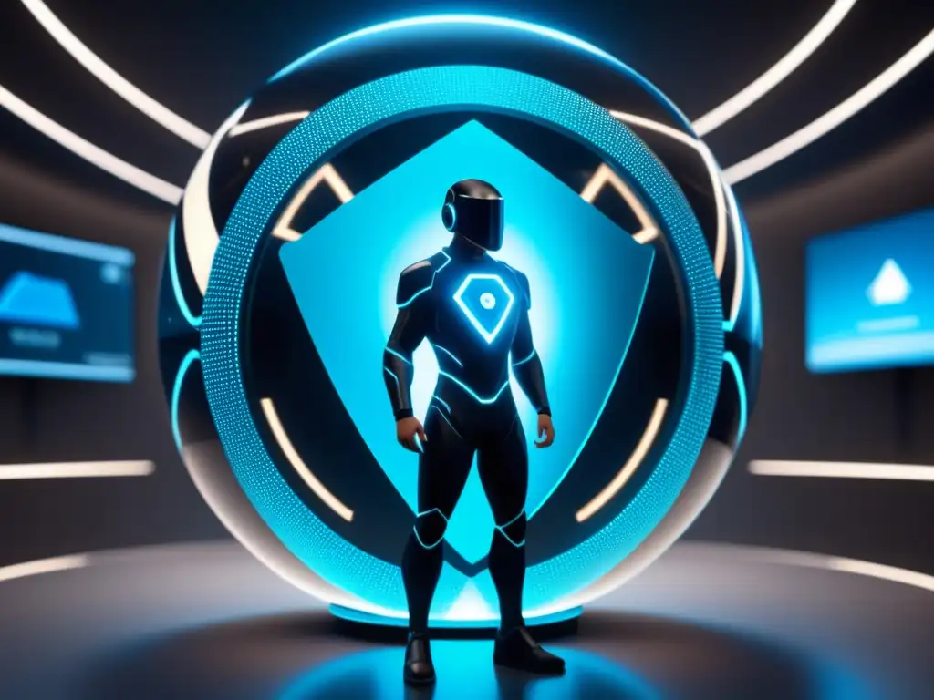 Protección de datos en el metaverso Protección de datos en el metaverso hispano - Imagen futurista con un avatar rodeado de una esfera de datos y una ciudad tecnológica