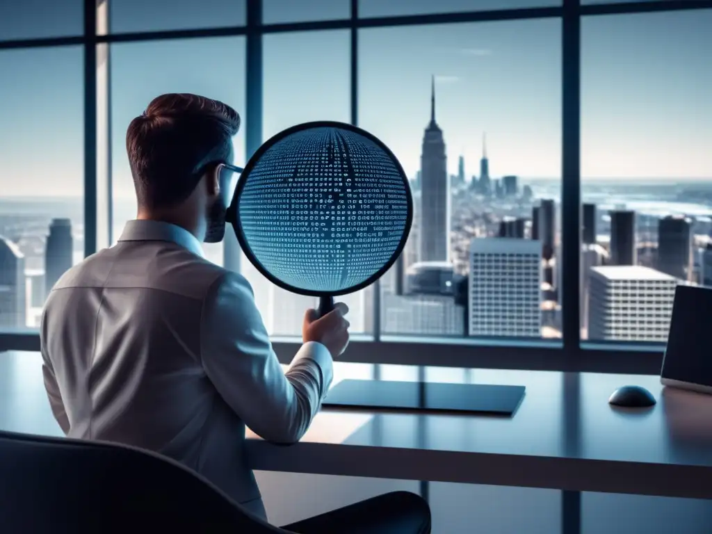 Protección de datos en la era digital Imagen de persona con lupa examinando código binario en oficina moderna