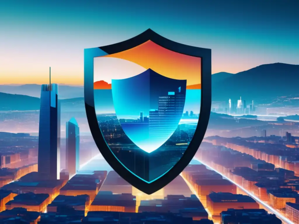 Protección de datos en la era digital Imagen: Protección de datos personales digital en paisaje futurista y minimalista