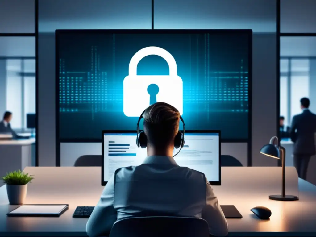 Persona concentrada en la protección de datos Persona concentrada en trabajo, protección ética de datos personales