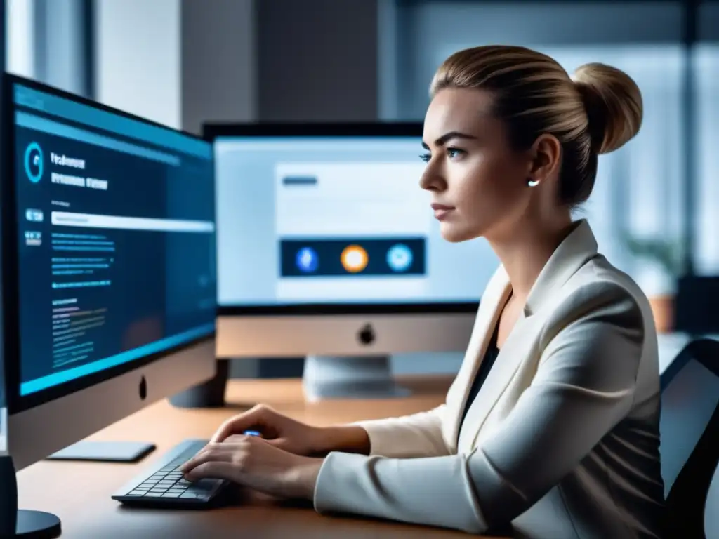 Protección de datos online en una oficina minimalista Persona enfocada en protección de datos en oficina minimalista