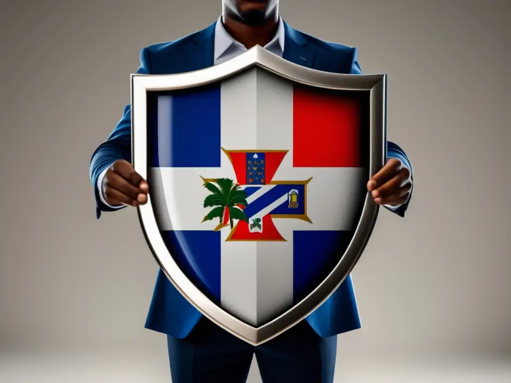 Protección de datos en RD Persona con escudo de bandera dominicana, protección de datos en Dominicana