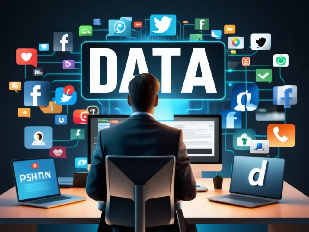 Protección de datos en redes sociales Técnicas de phishing en redes sociales para proteger datos: persona en oficina vigilante ante amenazas