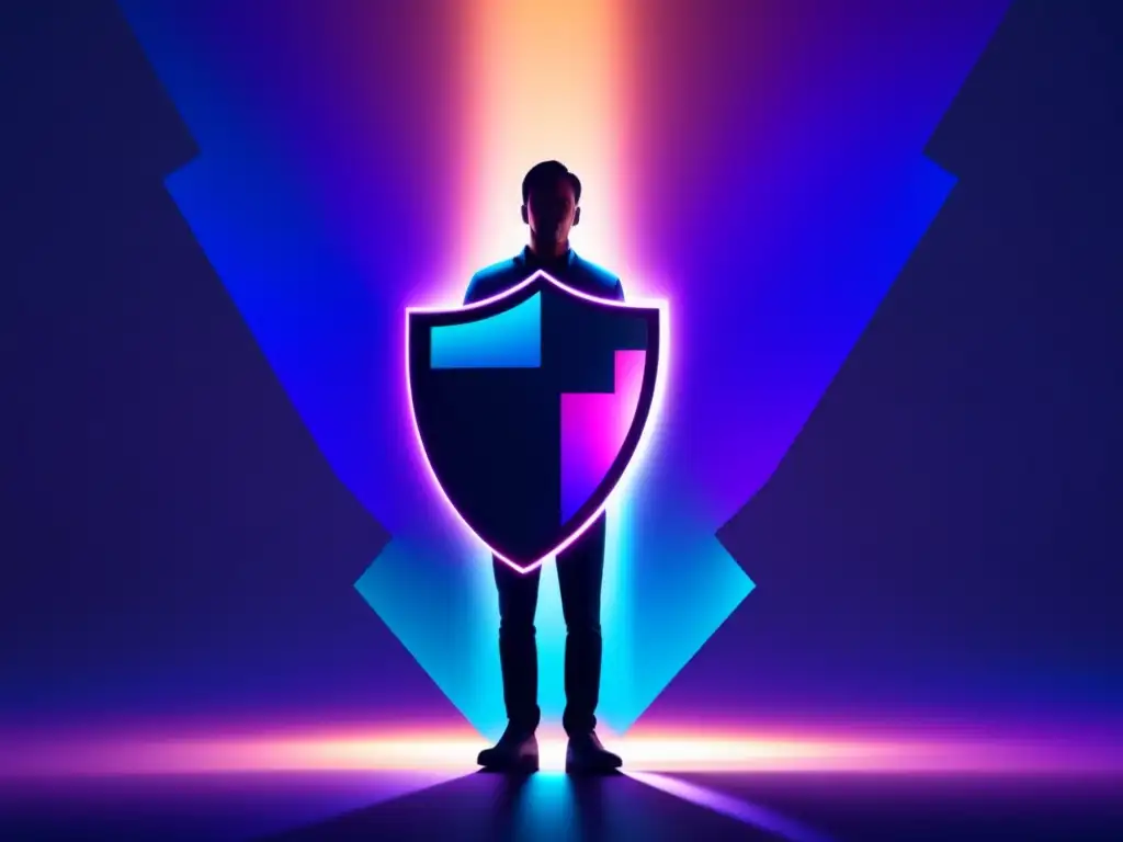 Persona protegiendo datos Persona con escudo de bloques de datos pixelados, protegiendo información personal