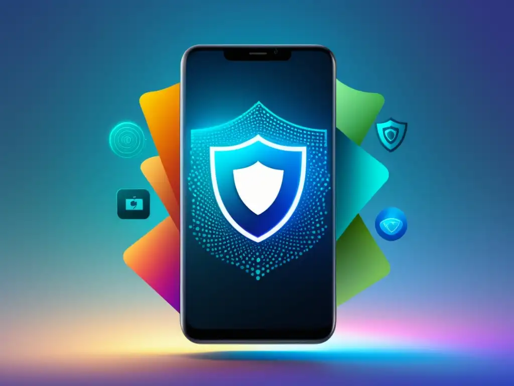 Smartphone flotante con escudo de privacidad Privacidad y protección de datos en smartphones: Guía hispana