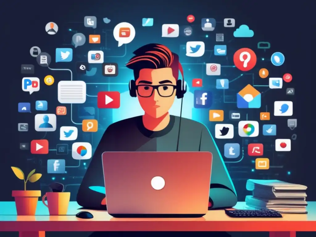 Protección de datos en redes sociales Persona en escritorio con iconos de redes sociales y phishing para proteger datos