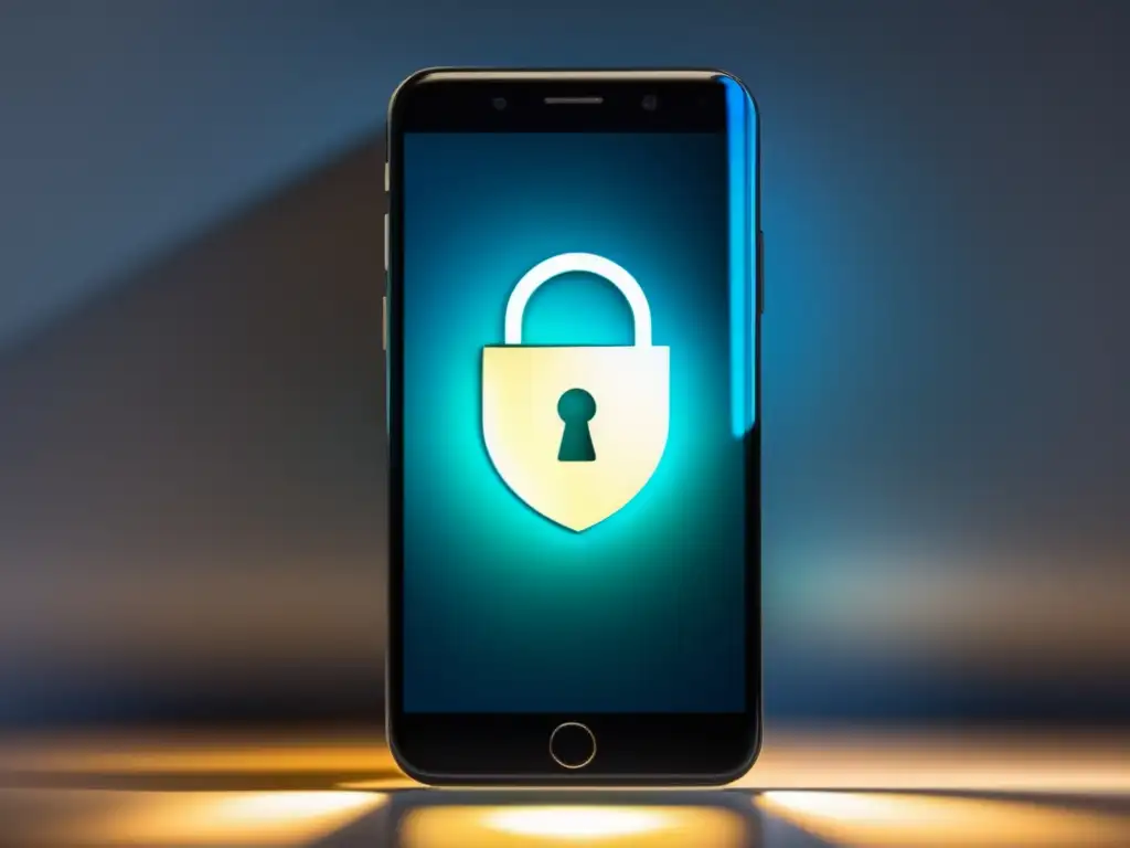 Protección de datos y privacidad Guía privacidad datos smartphones hispano: imagen smartphone protegido, diseño minimalista, escudo translúcido con patrones de seguridad