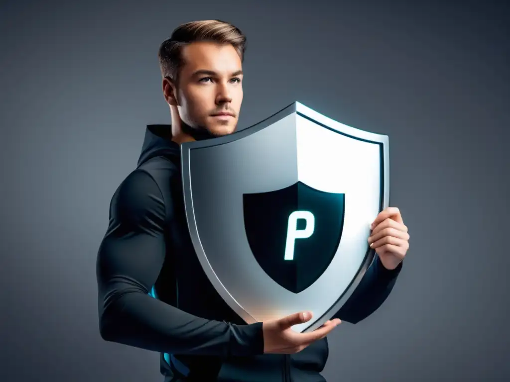Protección de datos digitales con escudo moderno Persona protegiendo datos: ejercer derechos privacidad en Bolivia