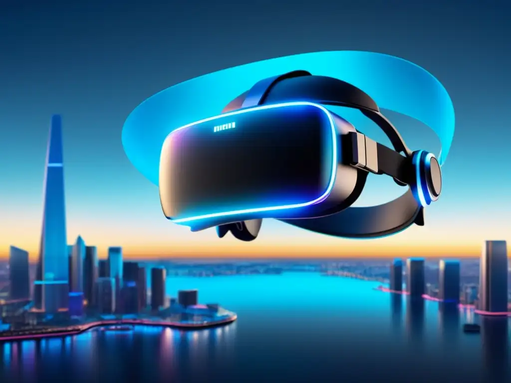 Auriculares de realidad virtual futuristas suspendidos en el aire Protección de datos en el metaverso hispano: VR headset con paisaje futurista, tecnología avanzada y calidez