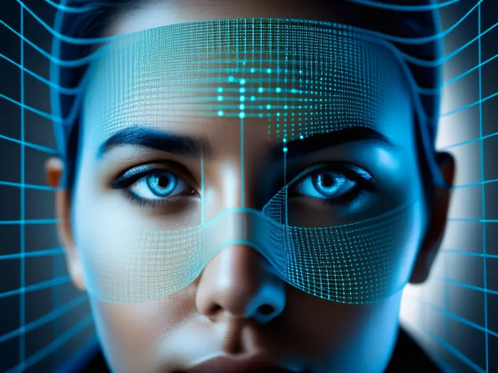 Rostro vulnerable en red de vigilancia Riesgos de privacidad en la Sociedad de Vigilancia: rostro humano vulnerable a la red de datos, expresión preocupada y resignada
