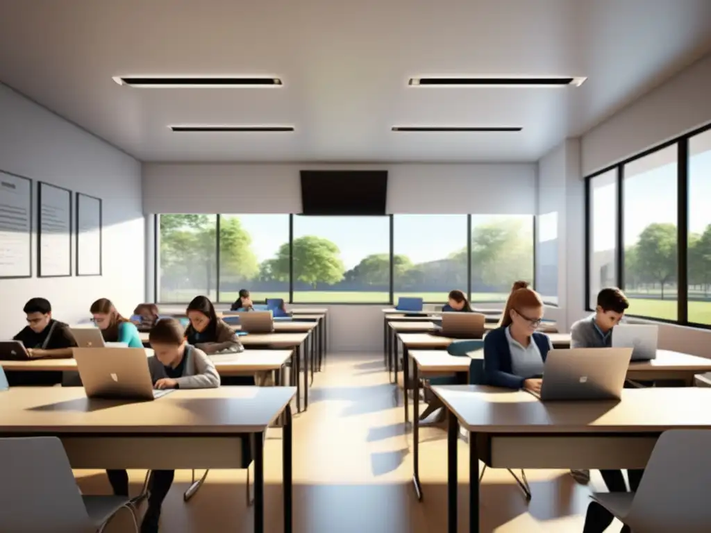 Aula digital con estudiantes responsables Importancia privacidad educación digital en una clase moderna con estudiantes enfocados en dispositivos digitales