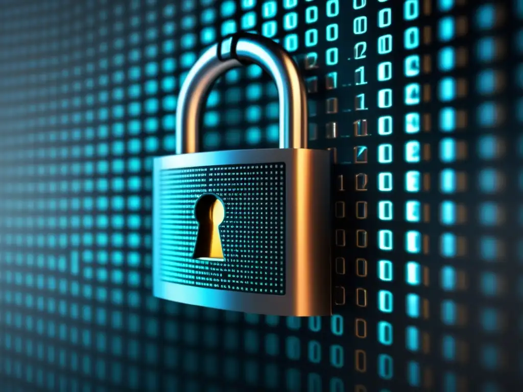 Seguridad tecnológica avanzada Software protección datos funcionamiento - Cerradura virtual en código binario sobre pantalla de computadora