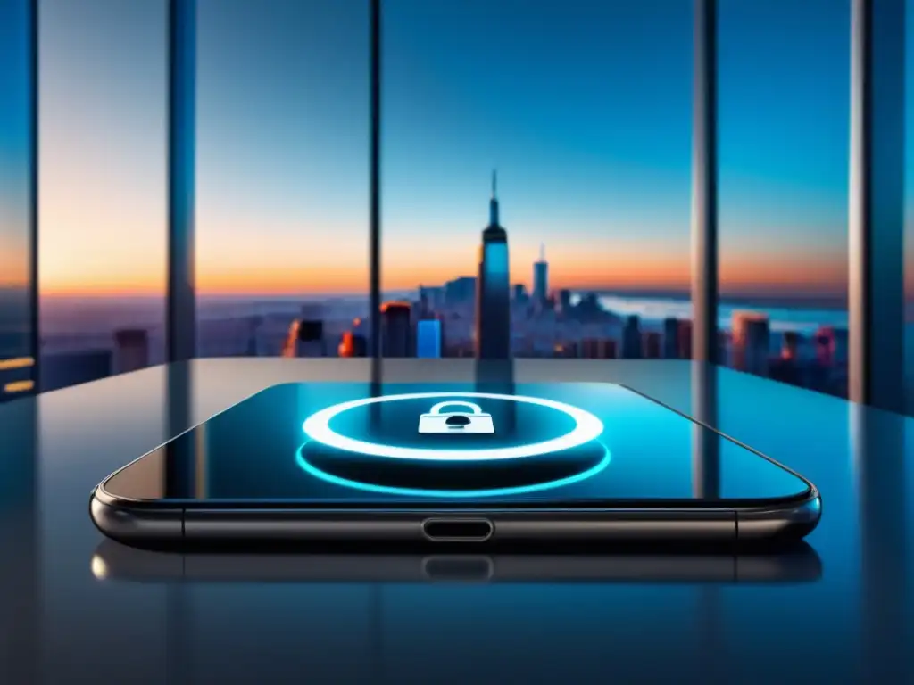 Smartphone futurista protegiendo datos Smartphone futurista en oficina moderna, destacando la importancia de proteger datos personales