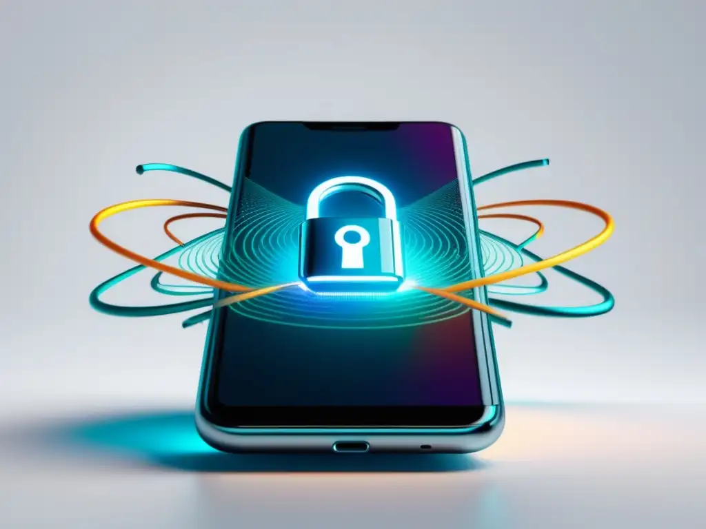 Smartphone seguro y moderno Smartphone moderno flotando con símbolo de bloqueo, representando la Importancia Directiva ePrivacy protección datos digitales